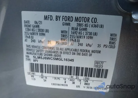 2021 Lincoln Aviator Standard из США, поврежденный, VIN 5LM5J6WC5MGL16345